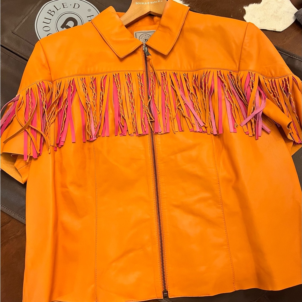 Double D Ranch Orange Leather Fringe Zip Jacket